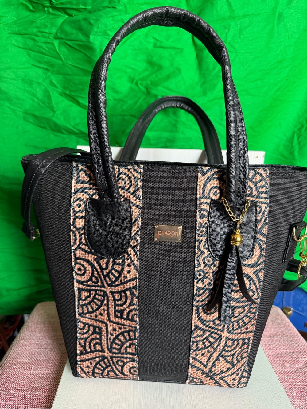 Black and Tan Patterned Tote with Tassel Charm